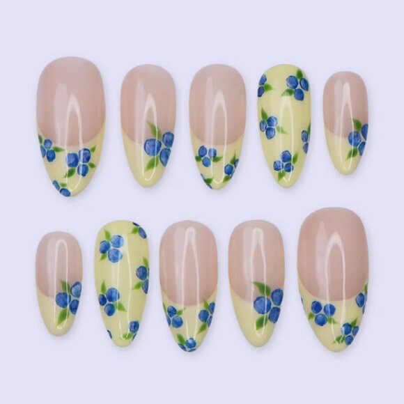 Blueberry Press On Nails with Yellow French Tips | Medium Almond Fake Nails - Picture 1 of 5